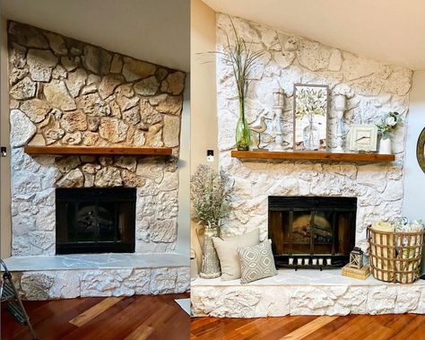 Stone Fireplace Over Grout, Boho Stone Fireplace, 70s Fireplace Makeover Stone, Painted Cobblestone Fireplace, Lava Stone Fireplace, Rock Chimney Fireplaces, Stone Fireplace Before And After, Large Stone Fireplace Makeover, Stone Fireplace Makeover Before After