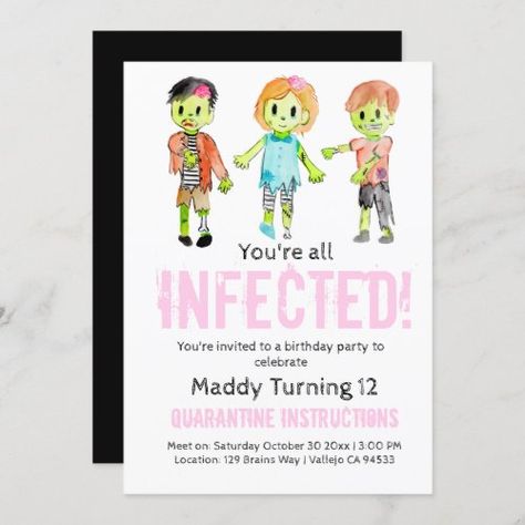 $2.85 | Pink Halloween zombie birthday party invite | Halloween Kids Invitations | zombie party, halloween party, zombie halloween party, halloween birthday, zombie theme party, kid party, kid party invites, kid birthday, kid birthday party Zombie Birthday Party, Zombie Halloween Party, Halloween Invitations Kids, Zombie Kid, Zombie Birthday Parties, Kid Birthday Party, Disney Zombies, Scary Kids, Zombie Birthday