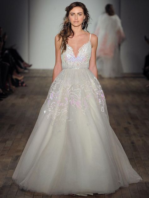 Hayley Paige Fall 2017 A-line wedding dress with iridescent sequin details and deep plunging v-neckline Iridescent Wedding Dress, Iridescent Wedding, Paige Wedding Dress, Fall Wedding Dress, Black Cocktail Party Dress, Colored Wedding Gowns, Hayley Paige Wedding, Hayley Paige Wedding Dress, Jlm Couture