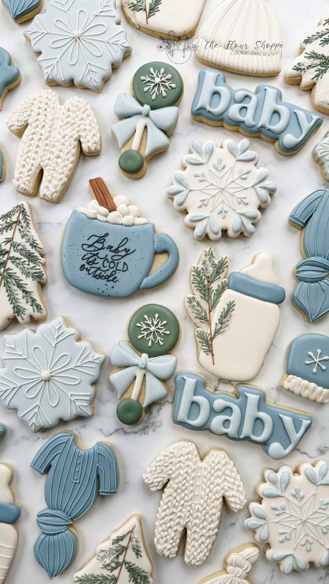 Winter Snow Baby it's Cold outside Cookies. Blue and green winter forest. Perfect for Baby Shower Party Favors, Desserts,and Food. Custom Decorated royal icing sugar cookies by The Flour Shoppe Cookie Co located in Omaha Nebraska 2024 Boy Baby Shower Ideas, Polar Bear Oreo Cookies, Gender Reveal Theme Winter, Baby It's Cold Outside Baby Shower Cookies, Gender Reveal Cookies Christmas, Boy Baby Shower Winter Theme, Christmas Theme Baby Shower Ideas Boy Blue, Winter Polar Bear Baby Shower Theme, Baby It’s Cold Outside Gender Reveal Ideas