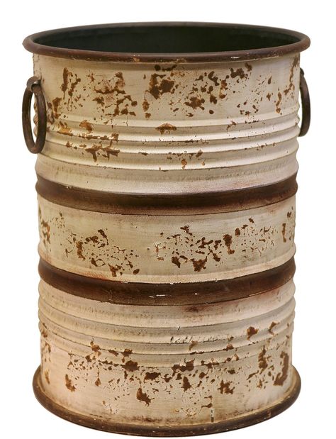 Distressed Metal Barrel with Ring Handles Wooden Garden Gate, Best Storage Containers, Recycled Tin Cans, Metal Barrel, Recycled Tin, Tin Can Crafts, Scrap Wood Projects, Metal Kitchen, Ring Handle