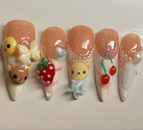 Nail art hand-painted kawaii nails rilakkuma strawberry nails Rilakkuma Nail Art, Korilakkuma Nails, Rilakkuma Tattoo, Pompompurin Nails, Nails Guys, Rilakkuma Nails, Sharp Nails, Moon Nails, Cute Nail Art Designs