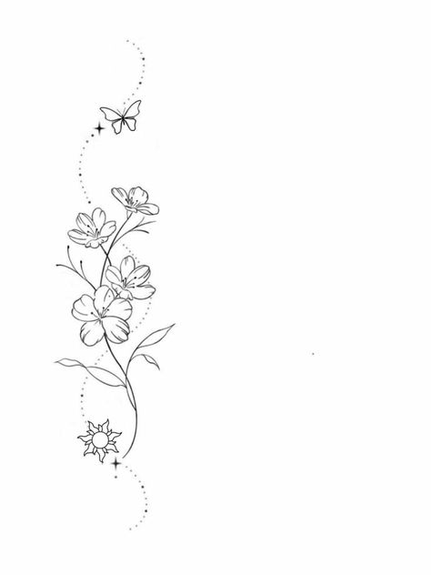 Small Tattoos For Women Forearm, Butterflies Spine Tattoo, Tattoo Ideas Female Template, Tattoo Ideas Female Top Of Arm, Flowers Tied With Ribbon Tattoo, Hip Tattoos Women Medium Size, Tangled Spine Tattoo, Daffodil And Cherry Blossom Tattoo, Flower Around Arm Tattoo