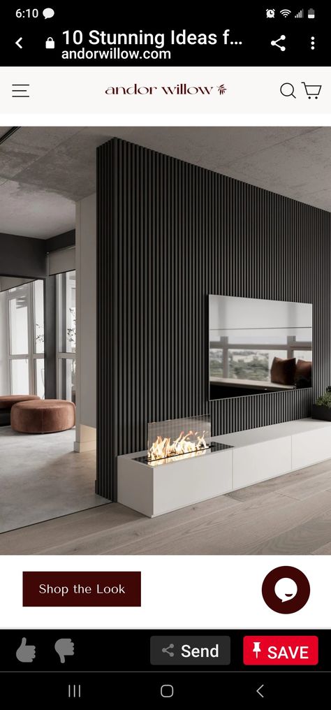 Fluted Panel, Black Accent Walls, Black Fireplace, Natural Wood Flooring, Home Fireplace, Black Panels, Fireplace Wall, Acoustic Panels, Fireplace Design