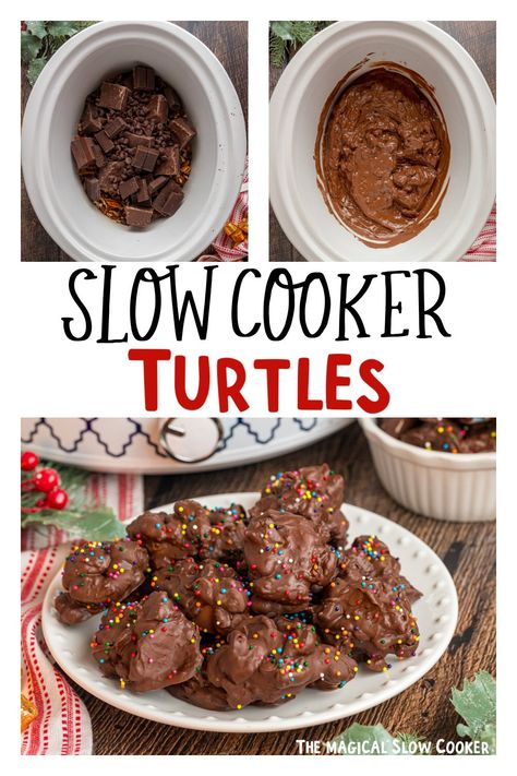 Christmas Treats With Rolos, Crockpot Christmas Cookies, Crockpot Turtles, Crockpot Cookies, Candy Turtles, Crockpot Christmas Candy, Cheesy Tortellini Bake, Crock Pot Candy, Slow Cooker Candy