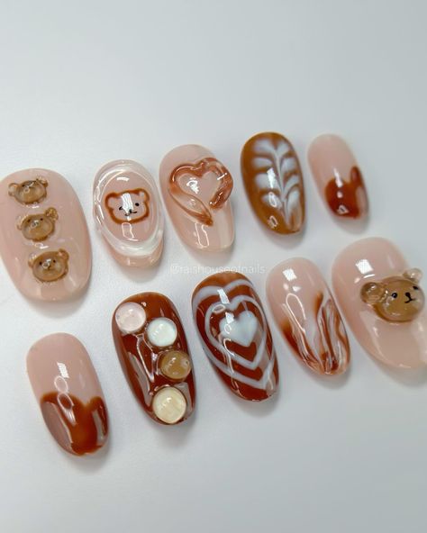 Cute coffee bears press on nails 🐻 ☕️ #pressonnails #3dnails #cutenails #nailart #fallnails Cute Bear Nail Designs, Bear Short Nails, Winter Bear Nails, Bakery Nail Art, 3d Bear Nails, Bear Themed Nails, Barista Nails, Nail Press On Designs, Iced Coffee Nails