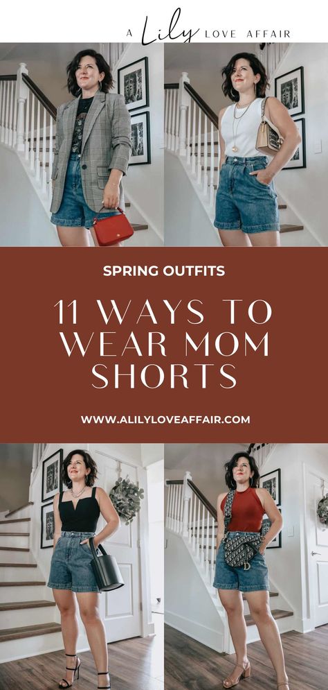 A Lily Love Affairs shows you how to wear mom shorts, what to wear with mom shorts and where to buy mom jean shorts. These 11 high waisted jean shorts outfits are a great way to repurpose a spring wardrobe staple. #momjeans #jeanshorts How To Style High Waisted Shorts, High Waist Denim Shorts Outfit, Mom Jeans Shorts Outfits, Mom Shorts Outfits, Mom Denim Shorts Outfit, How To Dress Up Jean Shorts, Styling Mom Shorts, High Waist Short Outfit Ideas, Mom Jean Shorts Outfit