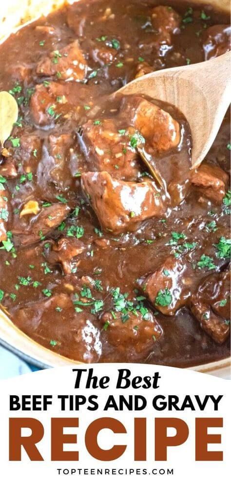 The BEST Beef Tips and Gravy Recipe - Top Recipes Ways To Use Steak Meat, Chuck Steak Dinner Ideas, Beef Tips With Au Jus Gravy, French Onion Beef Tips, Beef Tips And Gravy Oven, Beef Tips And Gravy Stove Top, Canned Roast Beef Recipes, Best Beef Tips And Gravy, Romertopf Recipes