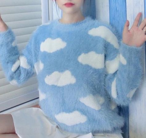 Cloud kawaii sweater!  Get a MUST HAVE kawaii fuzzy sweater! It is very soft and warm :)  One size  size/cm bust 90-95 length 62 sleeve 65 Cotton,Polyester  Shi Cloud Clothes, Cloud Fashion, Cloud Core, Cloud Sweater, Kawaii Cloud, Kawaii Sweater, Fuzzy Sweater, Kpop Fashion, Tie Dye Top