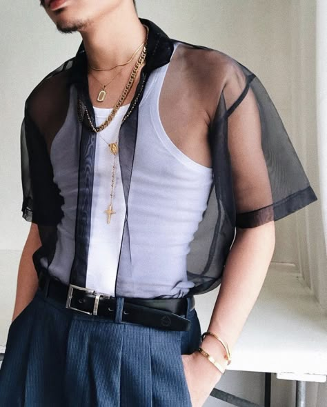 Sheer Button Up Outfit Men, Man Concert Outfit, Queer Club Outfits, Fem Outfits For Men, Gay Men Fashion, Feminine Men Fashion, Modern Barong, Gender Fluid Fashion, Genderless Fashion