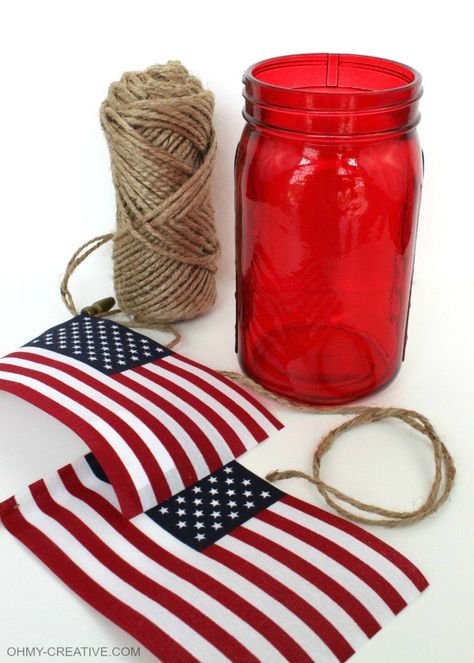 Candle Holder Crafts, Mason Jar Candle Holders, 4th July Crafts, Jar Candle Holder, Fourth Of July Decor, Diy Jar Crafts, Mini Flags, Patriotic Crafts, Patriotic Party