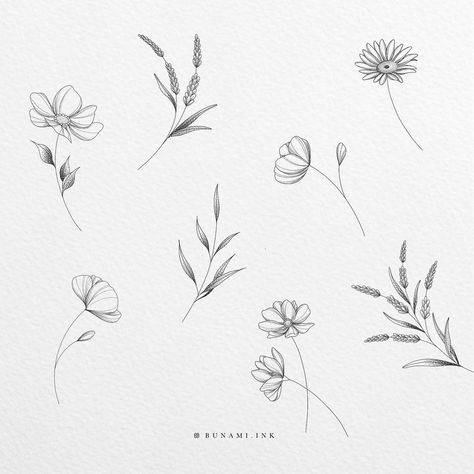 Simple Cosmos Tattoo, Flowers Line Tattoo, Fineline Floral Tattoo, Dainty Fine Line Tattoo, Fine Line Flowers, Fineline Flowers, Leg Tattoos Aesthetic, Bunami Ink, Cosmos Tattoo