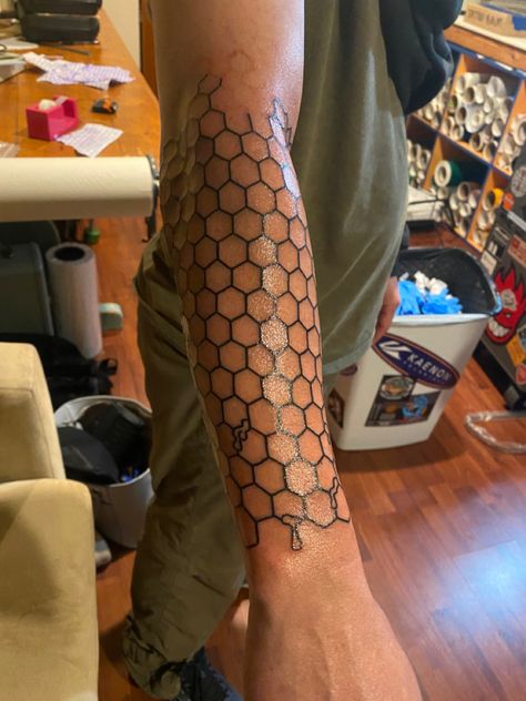 Honeycomb tattoo, geometric tattoo Gap Filler Tattoos For Men, Triangle Sleeve Tattoo, Honeycomb Half Sleeve Tattoo, Honeycomb Forearm Tattoo, Honeycomb Tattoo Neck, Honeycomb Tattoo Men, Beehive Tattoo Sleeve, Mandala Honeycomb Tattoo, Honeycomb Tattoo Sleeve Filler