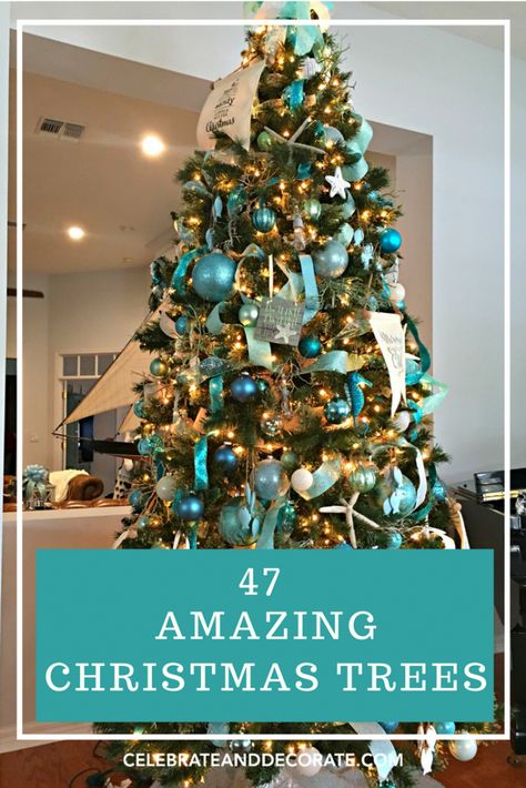 40 Amazing Christmas Trees! - Celebrate & Decorate Fall Christmas Tree Ideas, Unique Christmas Tree Ideas, Beachy Christmas Tree, Fall Christmas Tree, Beach Christmas Trees, Amazing Christmas Trees, Coastal Christmas Tree, Coastal Christmas Decor, Beachy Christmas