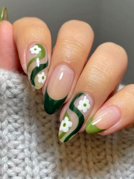 Green Flower Nail Art, White French Tip Nails With Green Design, Green Plant Nail Design, Simple Green Nail Ideas, Dark Green Floral Nails, Dark Green Flower Nails, Dark Green Nails With Flowers, Dark Green Summer Nails, Plant Themed Nails