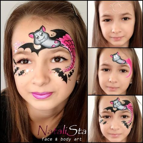 Bat Face Painting Kids, Face Paint Bat, Bat Face Paint, Halloween Face Paint Designs, Facepainting Halloween, Easy Halloween Face Painting, Kids Bat, Bat Face, Animal Face Paintings