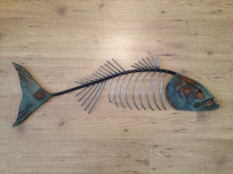 Fishbone Metal Sculptures | Chops Metal Fish Sculpture Beach Coastal by SallenbachFishArt, $125.00 Metal Sculpture Artists, Metal Fish Wall Art, Fish Skeleton, Coastal Tropical, Wal Art, Coastal Theme, Metal Fish, Metal Tree Wall Art, Fish Wall Art