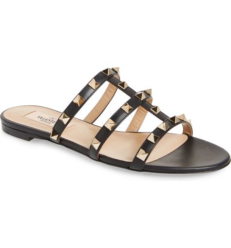 Valentino Garavani Rockstud Slide Sandal | Nordstrom Valentino Slides, Valentino Rockstud Sandals, Valentino Heels, Valentino Sneakers, Valentino Sandals, Pretty Sandals, Valentino Garavani Shoes, Studded Flats, Valentino Rockstud