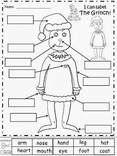 Free: Label The Grinch!  FREEBIE For A Teacher From A Teacher! fairytalesandfictionby2.blogspot.com Grinch Worksheets For Preschool, Kindergarten Grinch Activities, Grinch Worksheets, Grinch Day 1st Grade, The Grinch Classroom Activities, How The Grinch Stole Christmas Kindergarten Activities, Grinch Writing Activity, Grinch Writing Prompts, December Kindergarten