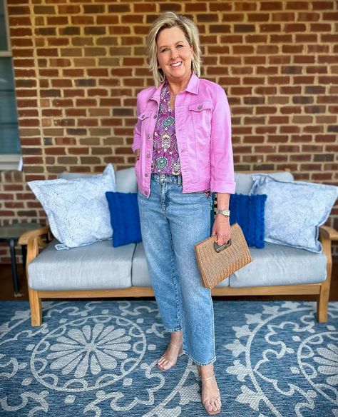 Coloured Denim Jacket, Denim Jackets For Women, 50 Is Not Old, Pink Denim Jacket, Jacket Outfit Women, Denim Jacket Outfit, Walmart Fashion, Feminine Top, With Boyfriend