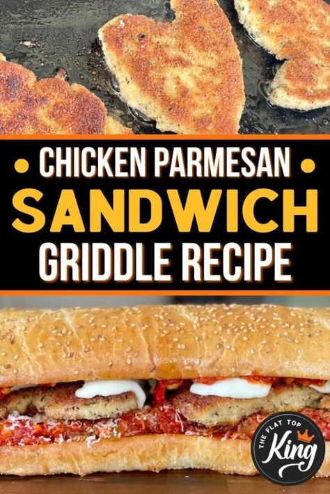 This Blackstone Griddle Chicken Parmesan Sandwich is perfectly crispy and served with a homemade marinara sauce that you can make in a skillet on your griddle top. Add this to your list of griddle sandwich recipes to make on the Blackstone or other flat top grill. Blackstone Chicken Parmesan Sandwich, Black Stone Sandwich Recipes, Chicken Parmesan On Blackstone, Blackstone Chicken Parmesan, Blackstone Chicken Sandwich, Chicken Breast Recipes Blackstone, Sandwiches On Blackstone, Blackstone Sandwiches, Chicken On The Blackstone Griddle