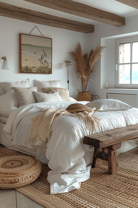 15 Aesthetic Coastal Bedroom Ideas for a Dreamy Retreat 32 Nautical Inspired Bedroom, Beach Minimalist Bedroom, Beachy Master Bed, Sea Inspired Interior Design, Greek Room Aesthetic, Beach Vibes Room, Rustic Farmhouse Dining Room Decor, Seaside Bedroom Ideas, Modern Beach Bedroom