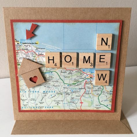 First Home Cards Handmade, Scrabble Cards Birthday, Cards For New Home, New Home Cards To Make, Cards New Home, Moving Cards For Friends, Moving In Card, Scrabble Tile Cards, New Home Diy Card