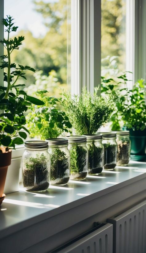 35+ Creative Herb Garden Ideas For Indoors & Outdoors [With Pictures!] Tin Can Garden Ideas, Window Garden Indoor, Windowsill Herbs, Kitchen Window Herb Garden, Window Sill Herb Garden, Window Garden Ideas, Windowsill Herb Garden, Window Herb Garden, Herb Garden Ideas