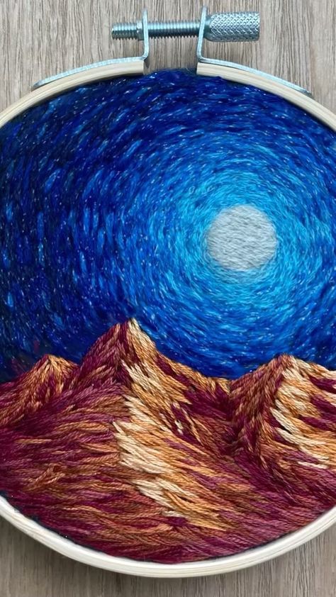 Night Sky Embroidery, Goth Embroidery, Sky Embroidery, Textiles Inspiration, Sky Mountain, Thread Art, Thread Painting, Hand Embroidery Art, Embroidery Craft