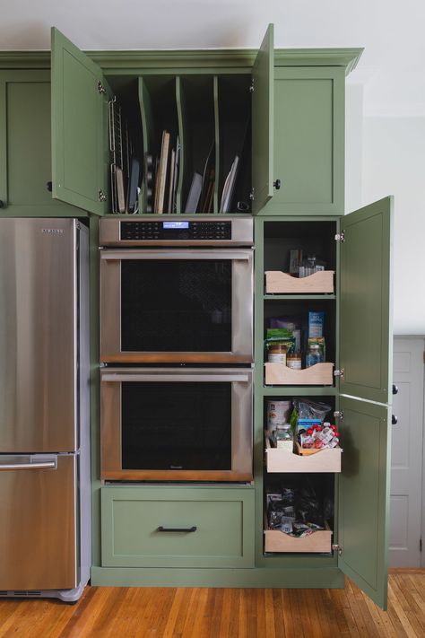 Double Wall Oven Cabinet Ideas, Cabinet Oven Design, Stacked Double Oven, Double Oven Pantry Wall, Double Oven Wall Built Ins, Built In Oven Cabinet Ideas, Diy Double Oven Cabinet, Small Kitchen With Double Wall Oven, Kitchen Wall With Refrigerator And Double Oven