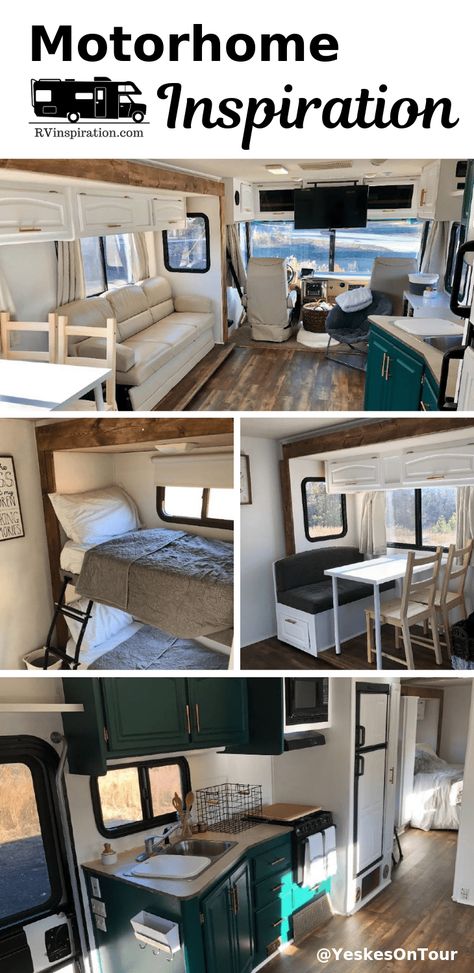 #Motorhome renovation with painted walls and cabinets and new #RV flooring | RVinspiration.com | @YeskesOnTour Motorhome Living, Small Motorhomes, Motorhome Remodel, Motorhome Interior, Kombi Motorhome, Class A Rv, Diy Camper Remodel, Rv Homes, Rv Makeover