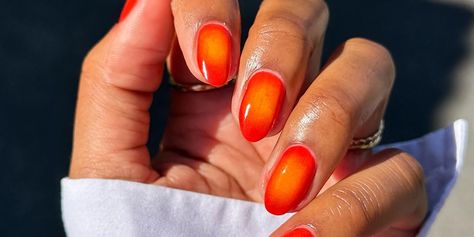 25 End-of-Summer Nail Ideas for a Slow Burn to the Season Red Yellow Ombre Nails, Red Orange Ombre Nails, Orange And Red Nails, Dip Ombre, Orange Ombre Nails, Ombre French Tips, Red Ombre Nails, Fresh Nail, Nutrition And Mental Health