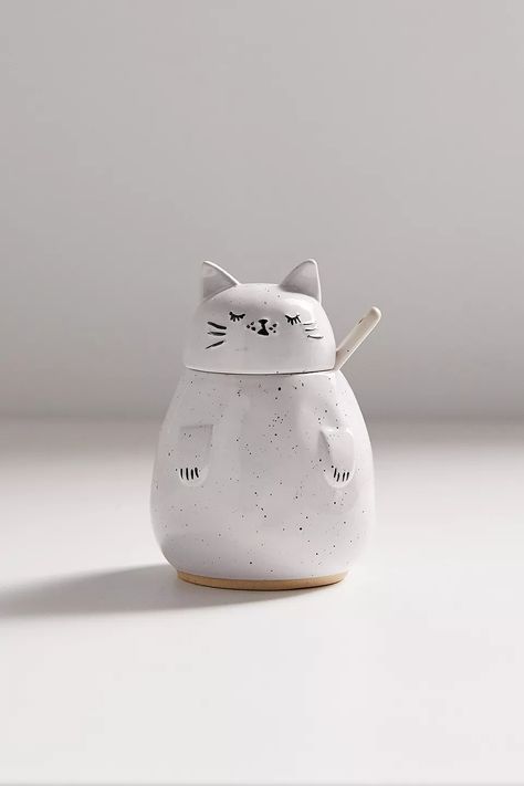 Lidded Cat Sugar Jar | Urban Outfitters UK Spoon Ceramic, Cat Spoon, Ceramic Food, Coil Pottery, Stash Jar, Cute Furniture, Stash Jars, Sugar Jar, Ceramic Spoons