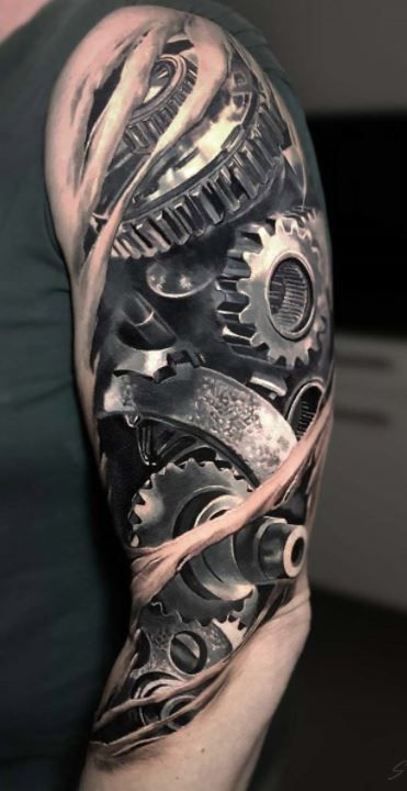 65 Unique Biomechanical Tattoos, Designs & Ideas - Tattoo Me Now Biomechanical Tattoo Arm, Mechanical Sleeve Tattoo, Mechanical Arm Tattoo, Tattoos Polynesian, Biomech Tattoo, Biomechanical Tattoo Design, Herren Hand Tattoos, Tatoo 3d, Nikko Hurtado