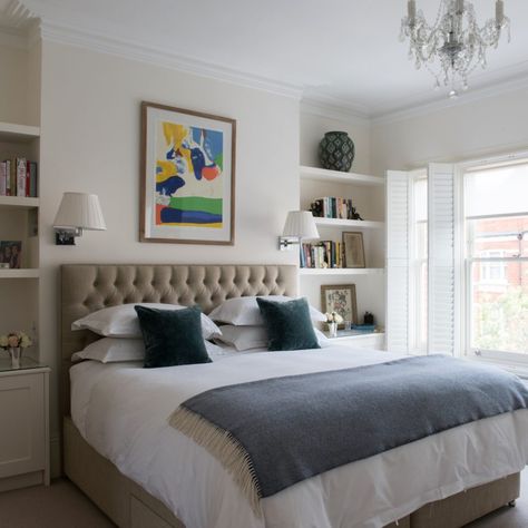 Neutral bedroom with bright art work Small Bedroom Storage Ideas, Bedroom Chimney Breast, Victorian Family Home, Bedroom Storage Ideas, Small Guest Rooms, Small Bedroom Storage, Victorian Terrace House, Neutral Bedrooms, Shaker Style Kitchens