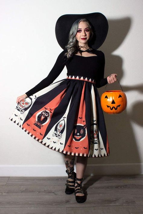 The Oblong Box Shop Halloween Treat Skirt Pinup Skirt, Halloween Skirt, Vintage Halloween Decorations, Halloween Treat, A Skull, First Halloween, Halloween Fashion, Gathered Skirt, Novelty Print