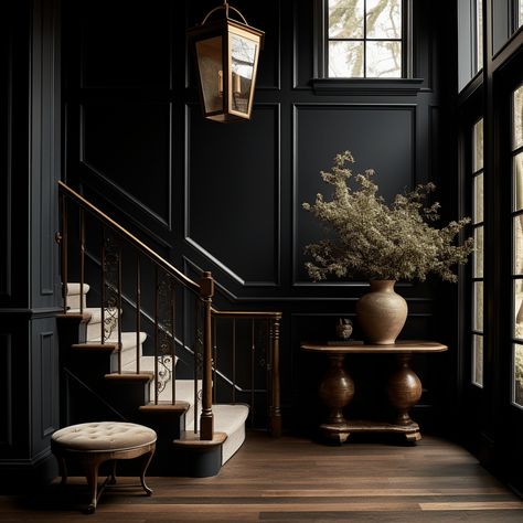 Modern Colonial Entryway, Dark Hallway Decor, Interior Design Foyer, Dark Wood Entryway, Dark Wood Hallway, Trim House Interior, Dark And Moody Hallway, Panel Entryway, Small Stairway Entryway Ideas