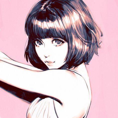 Anime picture 1080x1080 with original kr0npr1nz single short hair looking at viewer black hair breasts smile simple background fringe bare shoulders black eyes shadow eyelashes outstretched arm sleeveless portrait lipstick head tilt pink Arte Inspo, Art Et Illustration, Art And Illustration, Portrait Illustration, Painting Process, Art Anime, Girl Drawing, 그림 그리기, Portrait Drawing