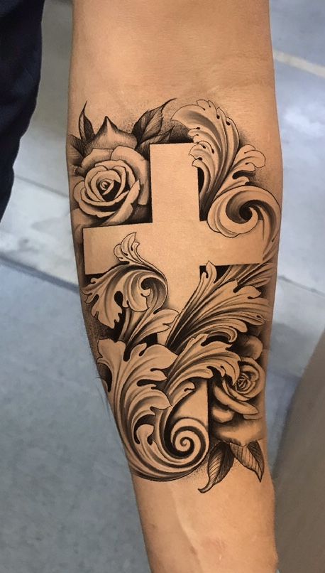 Cool Cross Tattoos, Clock And Rose Tattoo, Arm Tattoos For Guys Forearm, Forearm Tattoo Quotes, Horse Tattoo Design, Wrist Tattoo Ideas, Cowboy Tattoos, Tool Tattoo, Filigree Tattoo