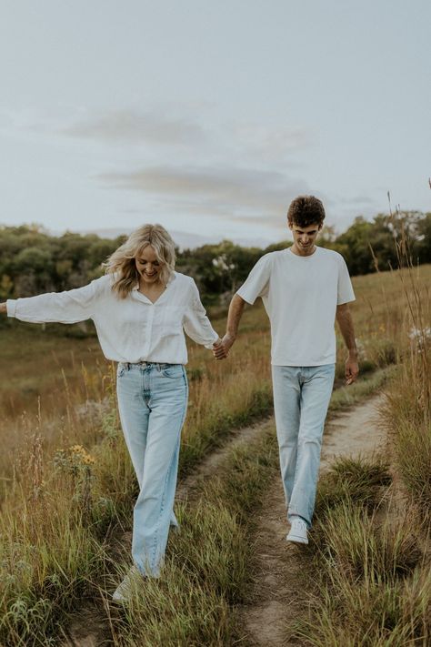 Engagement Photo Shoot Outfits, Picnic In The Woods, Engagement Photos Outfits Spring, Downtown Omaha, Denim Photoshoot, Engagement Photo Dress, Engagement Shoot Outfit, Engagement Session Ideas, Engagement Picture Outfits