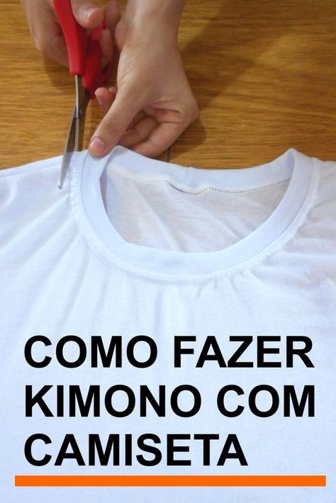 Como fazer kimono usando uma camiseta. Veja como é rápido customizar e transformar a camiseta em um quimono. #kimono #quimono #modafeminina #customizando #camiseta #camisetacustomizada How To Make Kimono, Upcycle Shirts, Umgestaltete Shirts, Diy Cut Shirts, Diy Kimono, Diy Fashion Projects, Diy Jeans, Costura Diy, Diy Upcycle