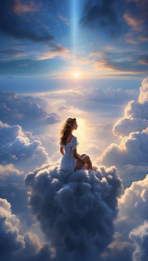 Sky Goddess, Sky Goddess Aesthetic, Cloud Woman Art, Angelic Clouds, Girl Looking Up At Sky, Angel In Clouds Painting, Printable Wall Collage, Love Wallpapers Romantic, Jesus Artwork