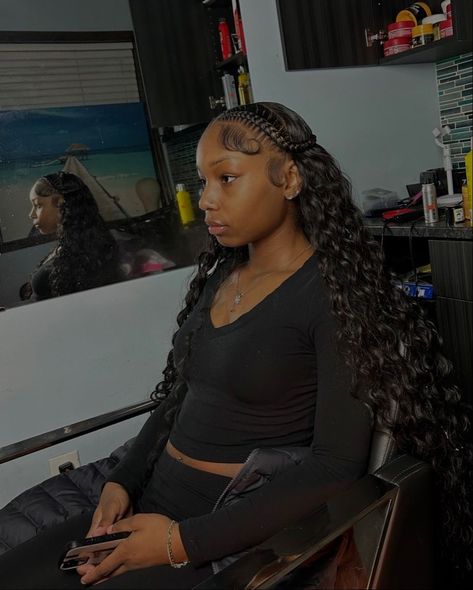 Two Braids Sew In Back, Two Braids With Quick Weave In Back, Two Braid Leave Out, 2 Braids And Sew In, Two Braids Sew In Weave, Black Women Hairstyles Weave Sew Ins Half Up Half Down, Two Braid Quick Weave Hairstyles, 2 Braid Quick Weave Hairstyles, Two Braids Weave In The Back