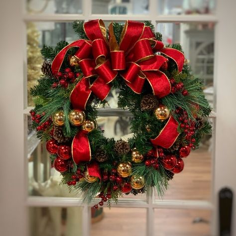 The Twillery Co.® 26" Polyvinyl Chloride Wreath | Wayfair Red And Gold Ornaments, Silk Wreaths, Wreath Indoor, Gold Wreath, Evergreen Wreath, Gold Holiday, Pinecone Wreath, Jolly Holiday, Xmas Wreaths