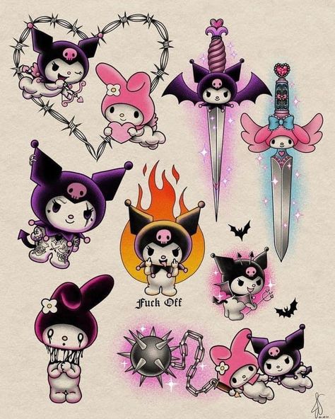 Pastel Gothic Tattoo, Sanrio Tattoos, Traditional Tattoo Outline, Helloween Wallpaper, Minimalist Tattoo Ideas, American Traditional Tattoo Ideas, Traditional Tattoo Ideas, Images Hello Kitty, Hello Kitty Tattoos