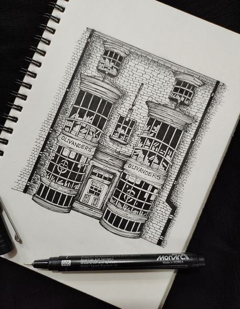 Harry Potter Buildings Art, Harry Potter Architecture Drawings, Harry Potter Building Drawings, Gringotts Bank Drawing, Hogsmeade Drawing, Hp Doodles, Harry Potter Drawings Sketches, Hogwarts Sketch, Black Pen Sketches