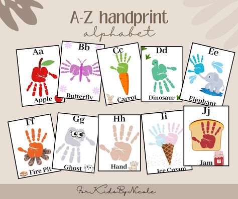 A-Z Handprint Alphabet, Printable Craft, My Handprint Book Classroom, Handprint ABC Activity, Alphabet Handprint Book // ETSY LINK 🔗 Handprint Alphabet Book, Handprint Alphabet, Abc Activity, Daycare Themes, Homeschool Preschool Curriculum, Infant Classroom, Baby Art Projects, Daycare Teacher, Abc Activities