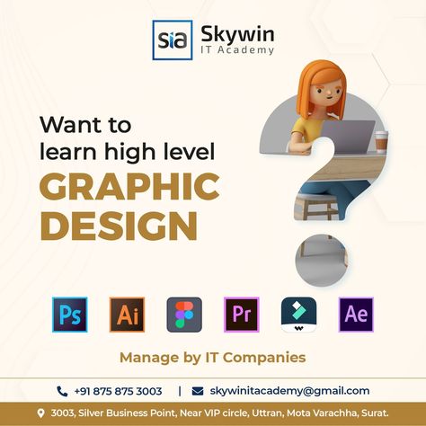 🎨 Unlock Your Creativity 🎨 Are you passionate about art and design? Do you dream of turning your creative talents into a rewarding career? Our Graphic Design Course is offering you an incredible opportunity to dive into the captivating world of design. #skywinitacademy #hatadofresherkatag #admissionopen #skywinner #graphicdesign #graphicdesigncourse #itcourses #itcourse #itacademy #itinstitute #itindustry #surat Course Poster, Aj Logo, Academy Logo, It Training, Graphic Design Course, Poster Design Inspiration, Job Placement, Creative Graphic Design, Learn To Code