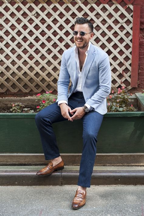 Spring/fall Light Blue Blazer Outfit Men, Outfit Colour Combinations, Light Blue Blazer Outfit, Men Loafers Outfit, Blazer With Jeans Men, Mens Smart Outfits, Blue Blazer Outfit Men, Casual Blazer Men, Blue Blazer Outfit