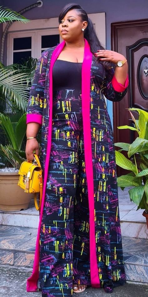 Ankara Kimono And Palazzo Outfit, Palazzo And Kimono, Kimono Fashion Ankara, Kimono And Palazzo Outfit, Ankara Kimono Outfit, Ankara Palazzo Pants, Long Pants Fashion, African Print Kimono, Ankara Jackets